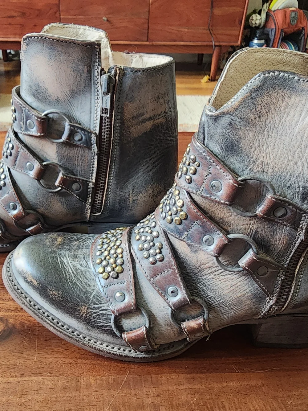 freebird Grady Ice Distressed Studded Strap Ankle Boots